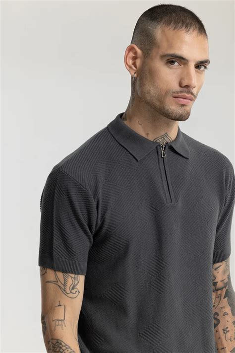 Buy Men's Crochet Grey Polo T-Shirt Online | SNITCH