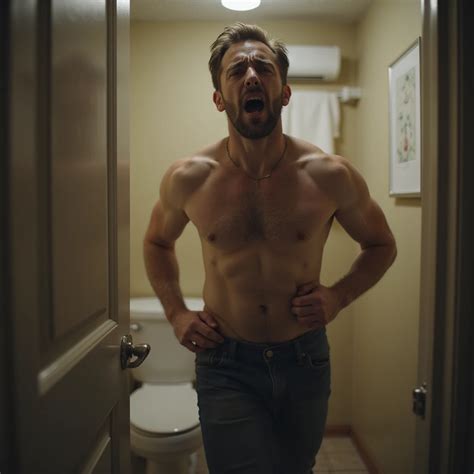 man running towards bathroom with urgent expression, suffering face, abdominal bloating ...