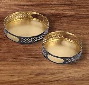 FF HANDICRAFTS Metal Round Serving Tray W/Etched Design DIY Tray (Gold ...