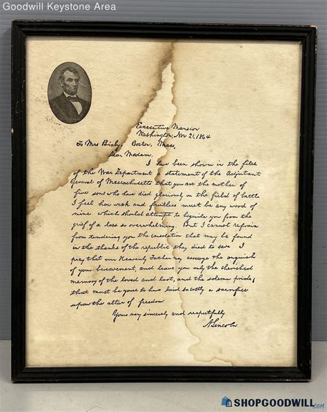 (A) Framed Copy - Abraham Lincoln 1864 Letter To Mrs. Bixby ...