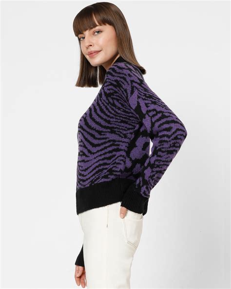 Purple Animal Print High Neck Pullover