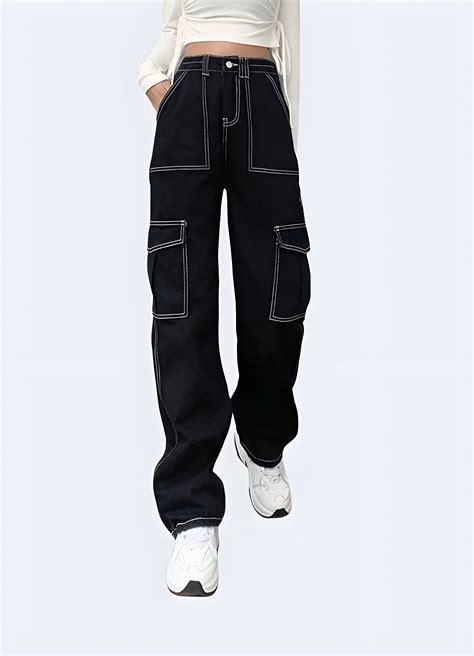 Black Cargo Pants With White Stitching - Techwear Australia