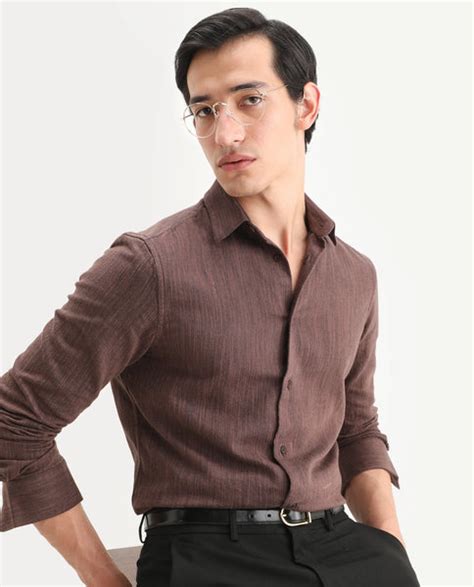 Rare Rabbit Men's Mysa Brown Cotton Fabric Spread Collar Regular Fit T