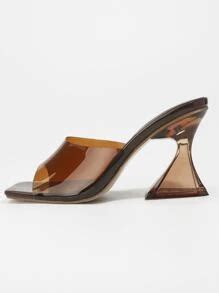 8.5cm Square Toe Brown High Heel Transparent Mule Sandals, Asymmetric ...