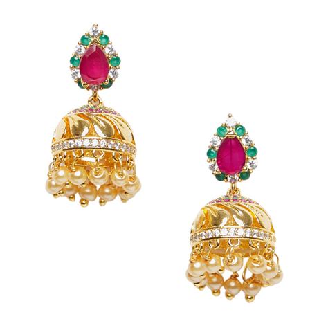 American Diamond CZ Traditional Gold Plated Red & Green Brass Jhumka E ...
