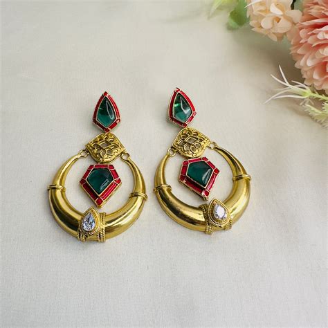 Golden Polish Ruby Green Silver Replica Chandbali Earring – Stridhan