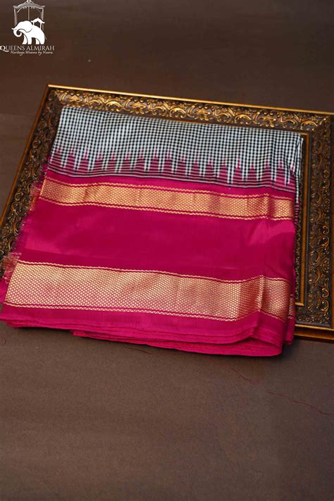 White And Black Checks With Magenta Pure Ikat Silk Saree|ikat saree ...