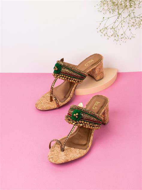 Buy Now Womens Green Embellished Open Toe Ethnic Block Heel Sandals
