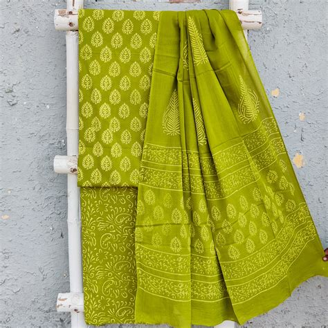 ROZANA-Pure Cotton Mahindi Green With Yellow Leafs Design Top And Gree ...