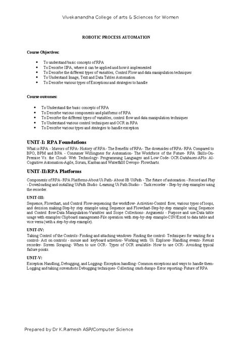 RPA Course Overview and Foundations (CSE 101) - Vivekanandha College ...