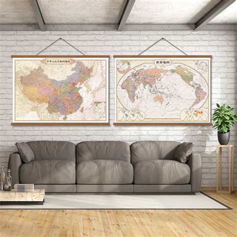 实木复古中国挂图地图世界办公室书房客厅装饰画墙面挂画墙画壁画_虎窝淘
