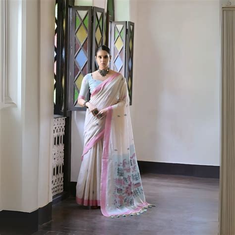 Off White & Sky Blue Warli Weaving Soft Muga Cotton Silk Saree – Kalyanja