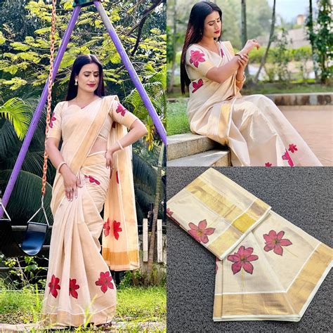 Kerala Digital flower print golden tissue saree handloom shade tissue ...