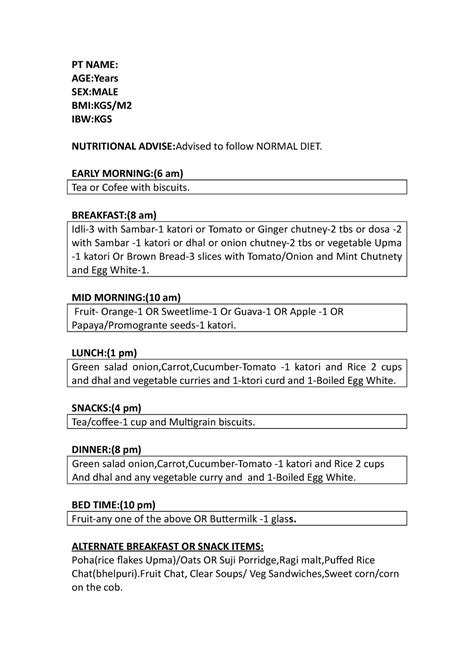 Normal DIET Chart - diabetic - PT NAME: AGE:Years SEX:MALE BMI:KGS/M ...