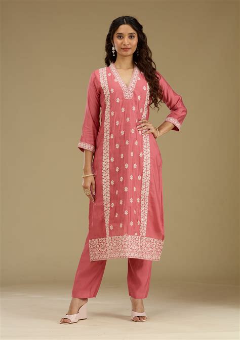 Buy Onion Pink Threadwork Semi Crepe Readymade Salwar Suit - Koskii