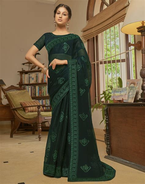 Dark Green Plain Chiffon Saree – Leemboodi