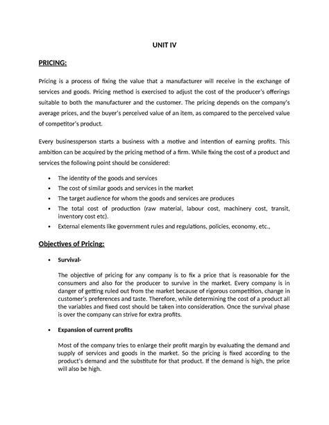 Marketing notes Unit IV - UNIT IV PRICING: Pricing is a process of ...