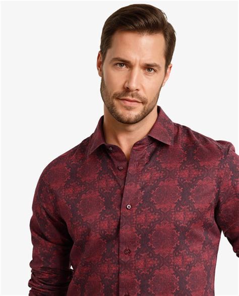 Rare Rabbit Men's Steno Maroon Cotton Decorative Print Regular Fit Ful