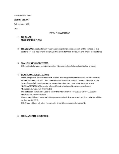 CIE 3 Assignment ( Phage) - Name: Krusha Shah Seat No: 2117197 Roll ...