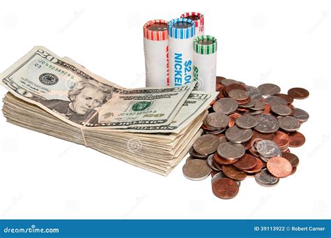 Stack of USA Currency and Rolls of Coins Stock Photo - Image of notes ...
