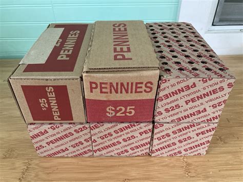 $25 SEALED Bank Box- Lincoln Penny Rolls w/ Copper & Shield Pennies ...