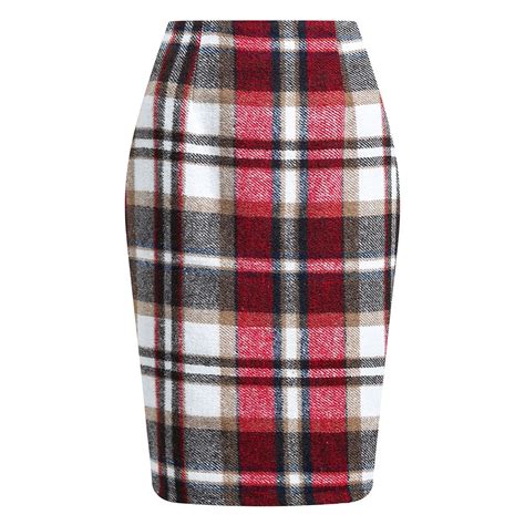 FrzhBrz Women's Plaid Pencil Skirt Wool High Waist Vintage Plaid Zipper ...