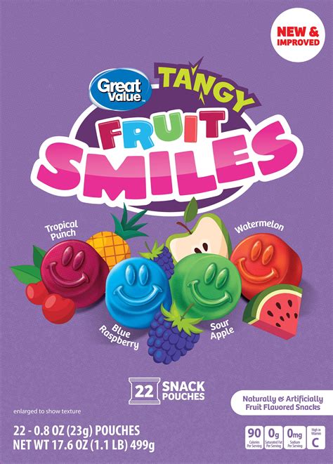 Great Value Tangy Fruit Smiles Snacks 22 Count with Tropical Punch Blue Raspberry Sour Apple ...