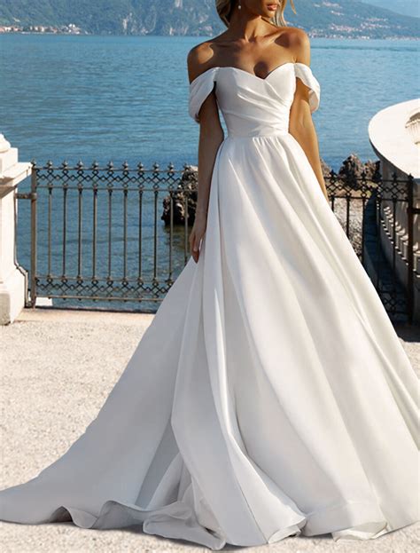 Beach Wedding Dresses A-Line Off Shoulder Cap Sleeve Court Train Chiff – DingJi WeddingDress