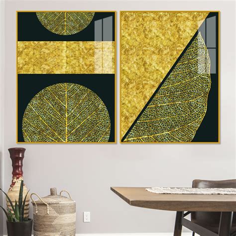 Golden Leaves and Line Art Acrylic Floating Wall Painting Set Of 2 ...