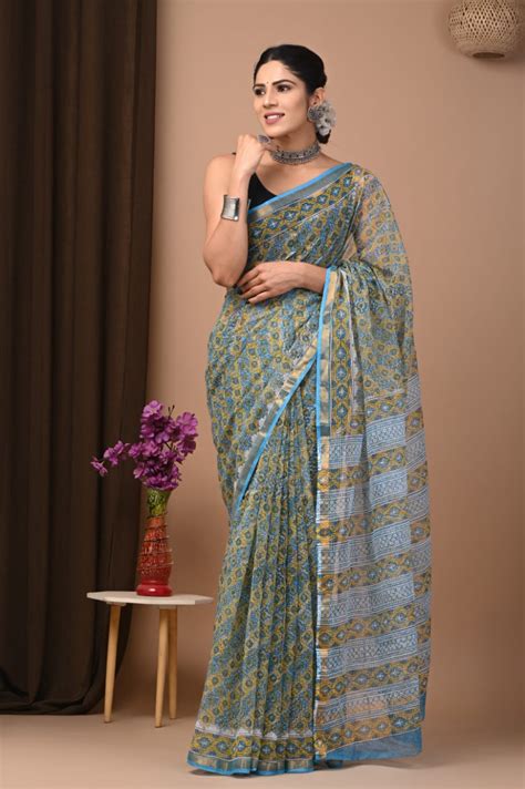 Buy Nevada Blue Handblock Kota Doriya Saree Online - MySilkLove