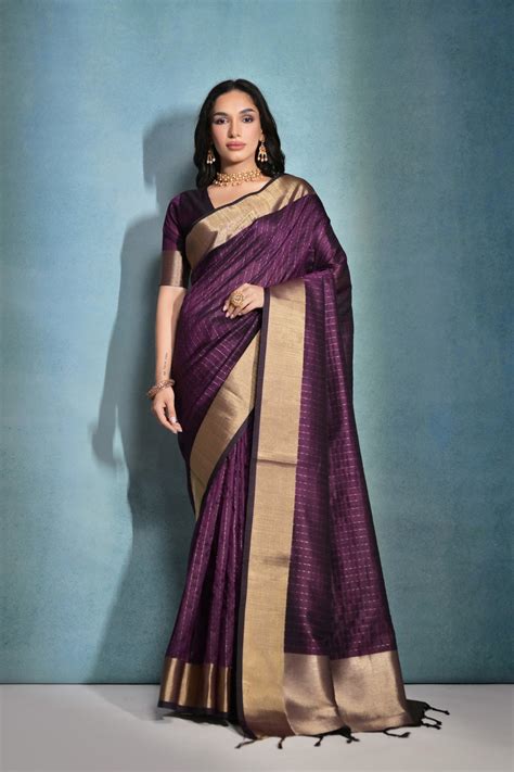 Buy Eggplant Purple Woven Raw Silk Saree Online - MySilkLove