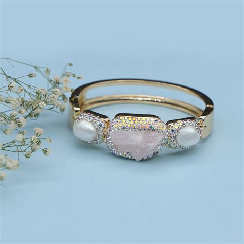 Gold Plated Rose Quartz Cuff with Pearl and Crystal – Kimikii Jewellery
