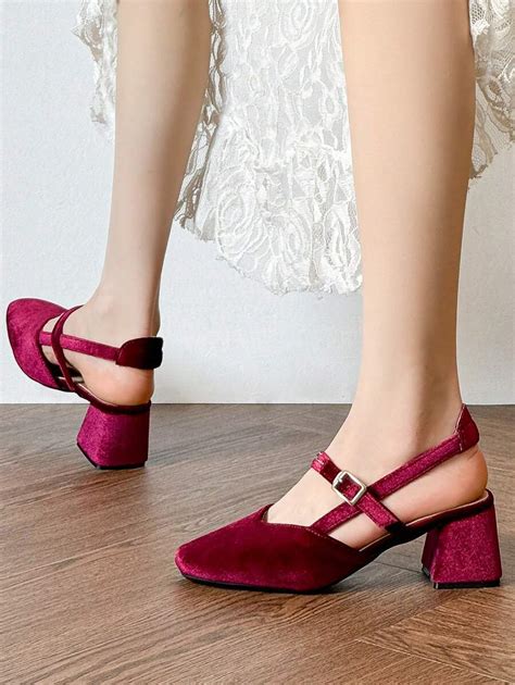 Women Closed Toe One-Strap Velvet High Heel Pumps, Burgundy Red for ...