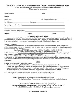 Fillable Online gfwcnc 2012-2014 GFWC-NC Clubwoman with Heart Award ...