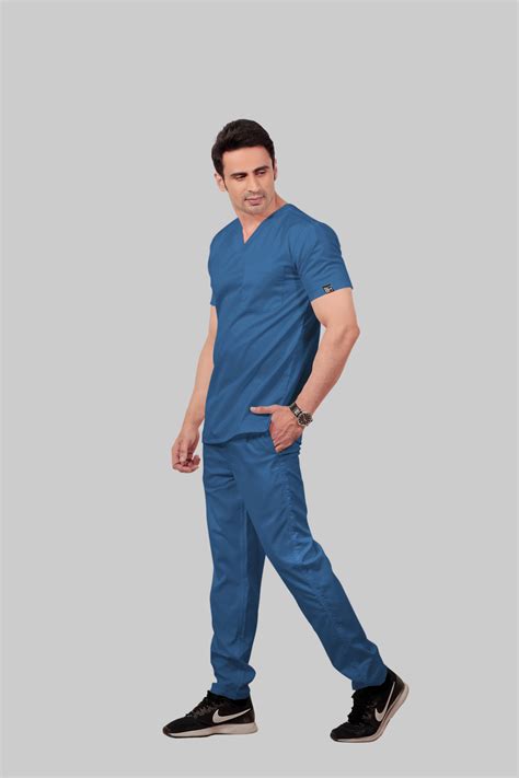 Stretchable (2Way) Men Steel Blue V-Neck With Straight Pant Scrub Set ...