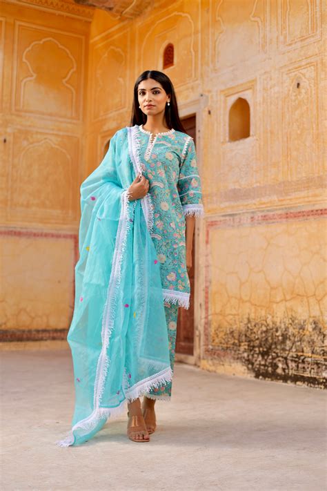 Shop Sky Flower Handblock Cotton Festive kurta Set | Asrumo