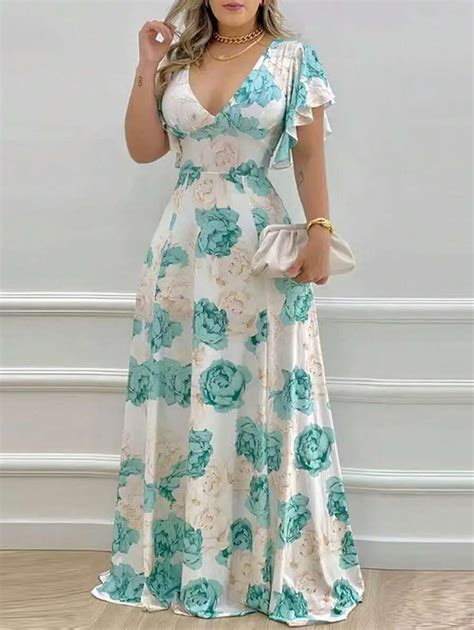 SHEIN Plus Size Women's Floral Print Ruffle V Neck Maxi Dress, Spring ...