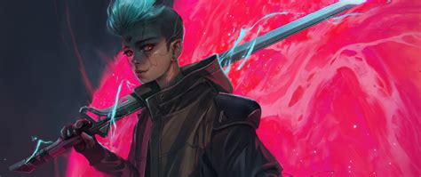 Download wallpaper sword, fantasy, robot, weapon, science fiction, red ...