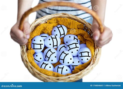 Painted Blue Easter Eggs in Drawed Medical Mask in Basket, Symbol of ...
