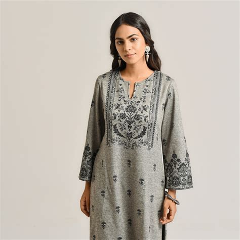 Buy Grey Contemporary Embroidered Woollen Kurta Set with Dupatta ...