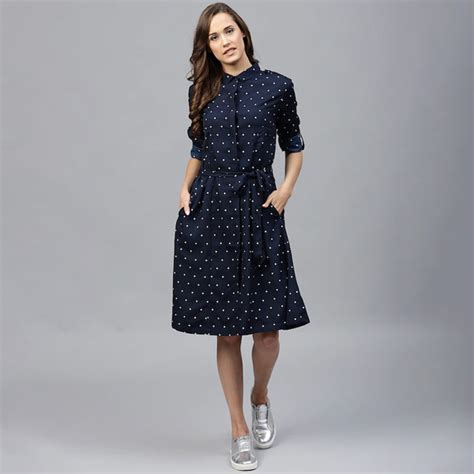 Navy Blue Polka Dots Printed Shirt Dress