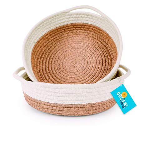 OrganiHaus 2-Pack Round Coiled Cotton Rope Basket Trays with Handles ...