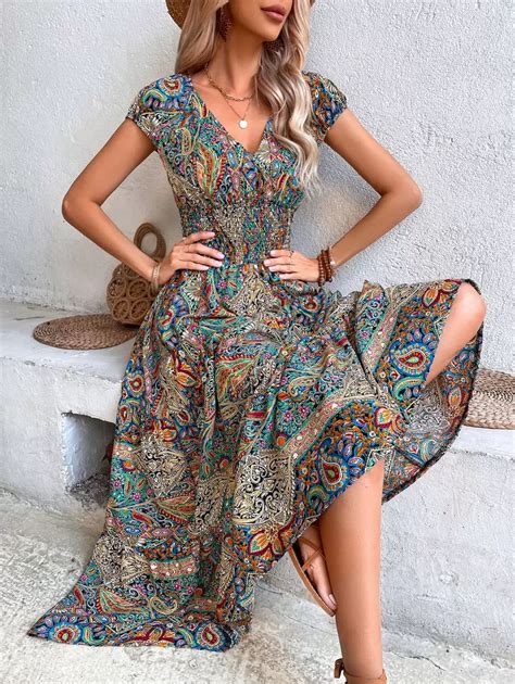 Breezaya Paisley Print Shirred Detail Ruffle Hem Dress Boho Dress Maxi ...