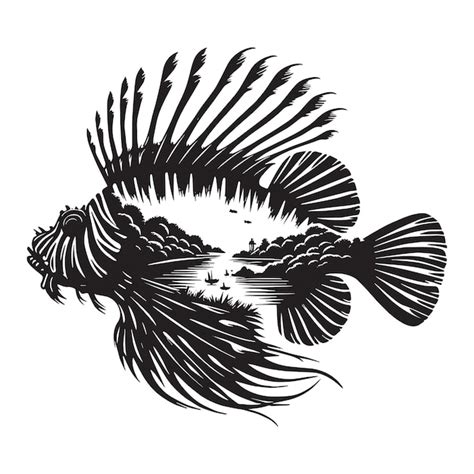 Silhueta de peixe-leão preenchida com vista para o rio em desenho ...