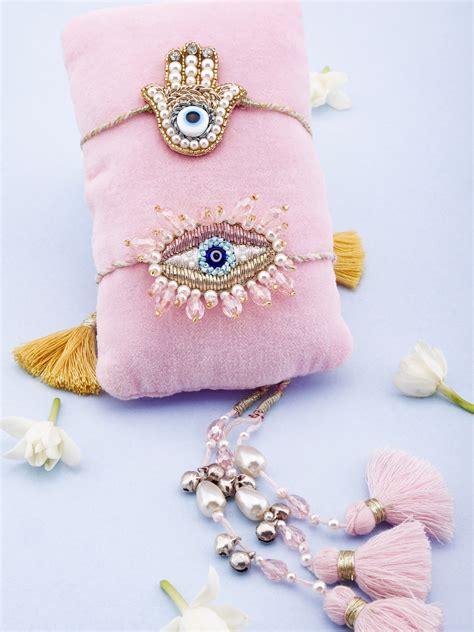 Evil Eye Hamsa Gold Brother Rakhi & Evil Eye Crystal Lumba Rakhi – TONOTO
