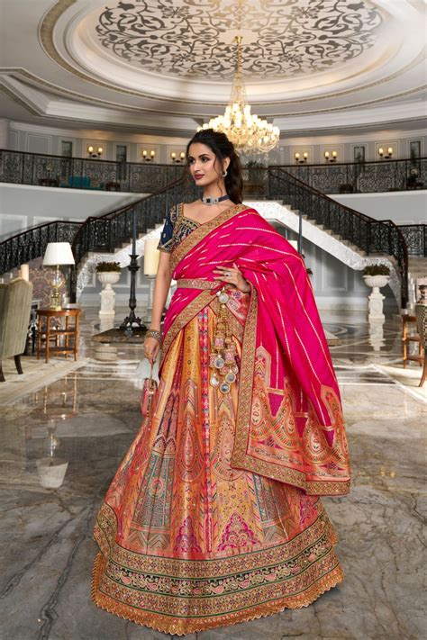 Multi Colour Banarasi Silk Lehenga with Zarkan Codding Work – Kumari Sarees