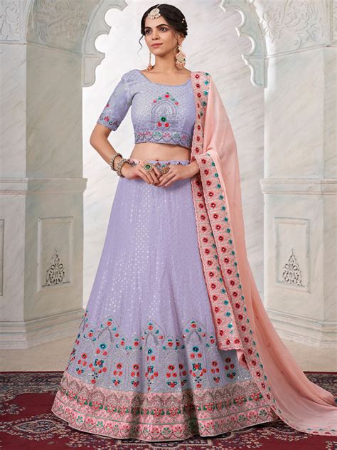Purple Georgette Embroidered Semi Stitched Lehenga With Unst