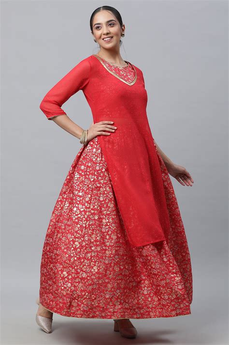 Buy Red Embellished Kurta, Inner Crop Top and Flared Skirt Set Online ...