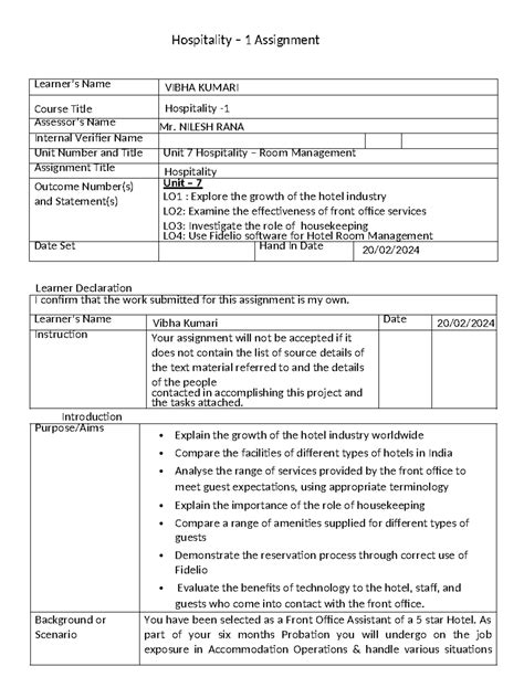 Hospitality-1 Assignments Written - Learner’s Name VIBHA KUMARI Course ...