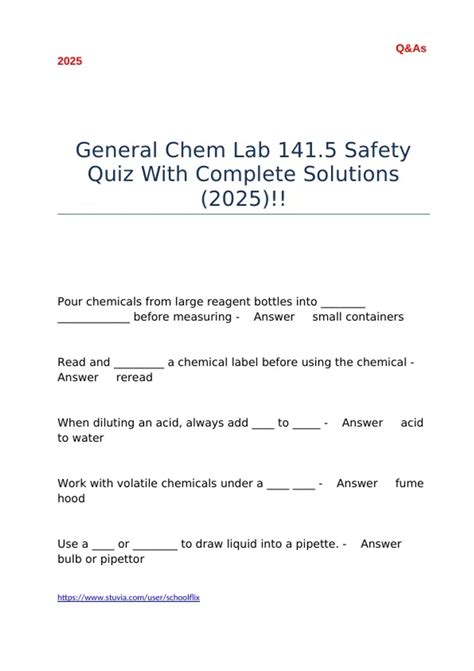 General Chem Lab 141.5 Safety Quiz With Complete Solutions (2025 ...